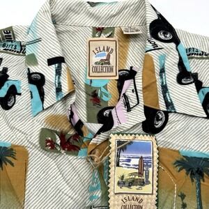 Island Collection Button Down Mens M Multi Tropical Jeep Surf Camp Shirt 750